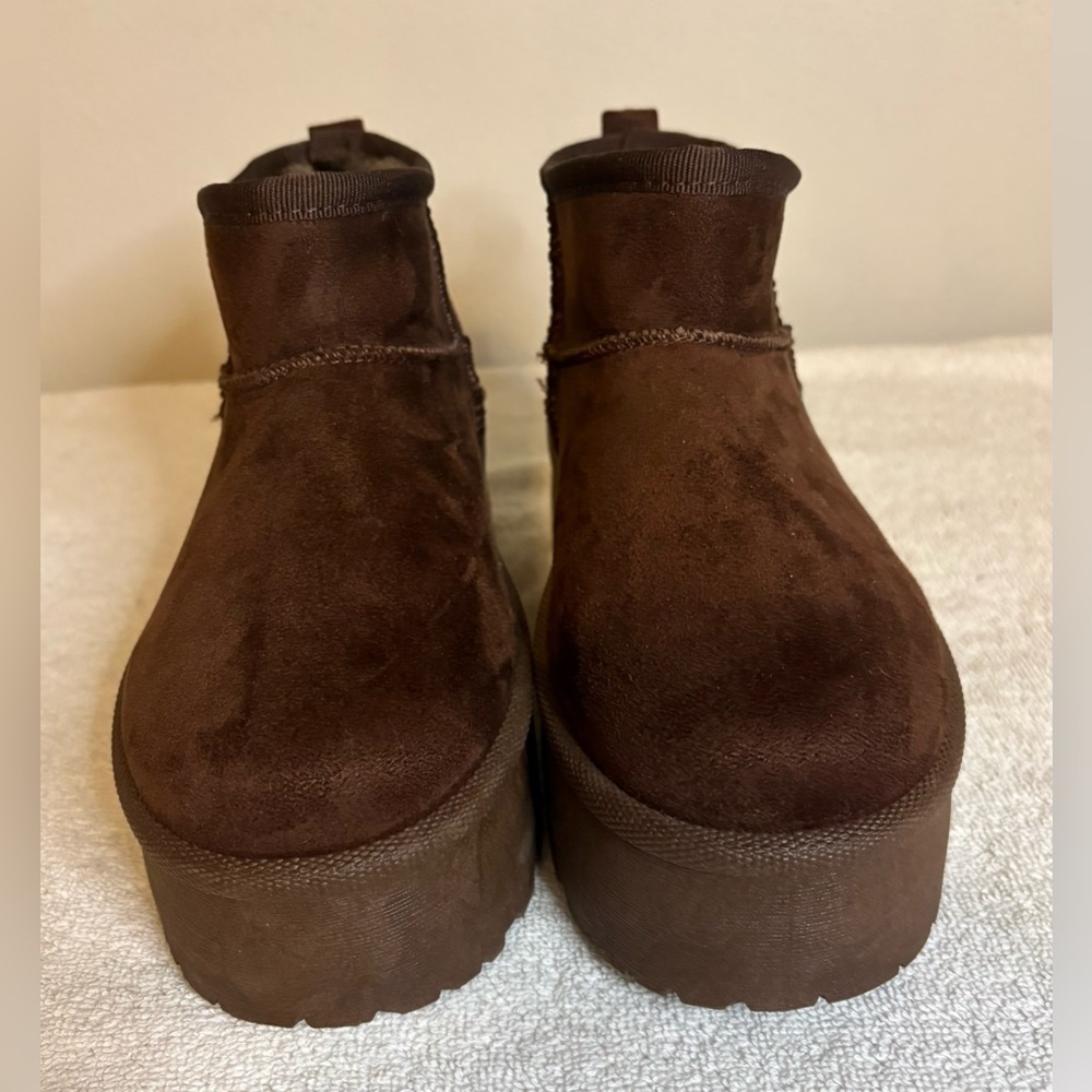 Glaze Women’s Brown Chunky Platform Faux Suede Faux Fur Lined Ankle Boots Sz 5.5 - Picture 2 of 8